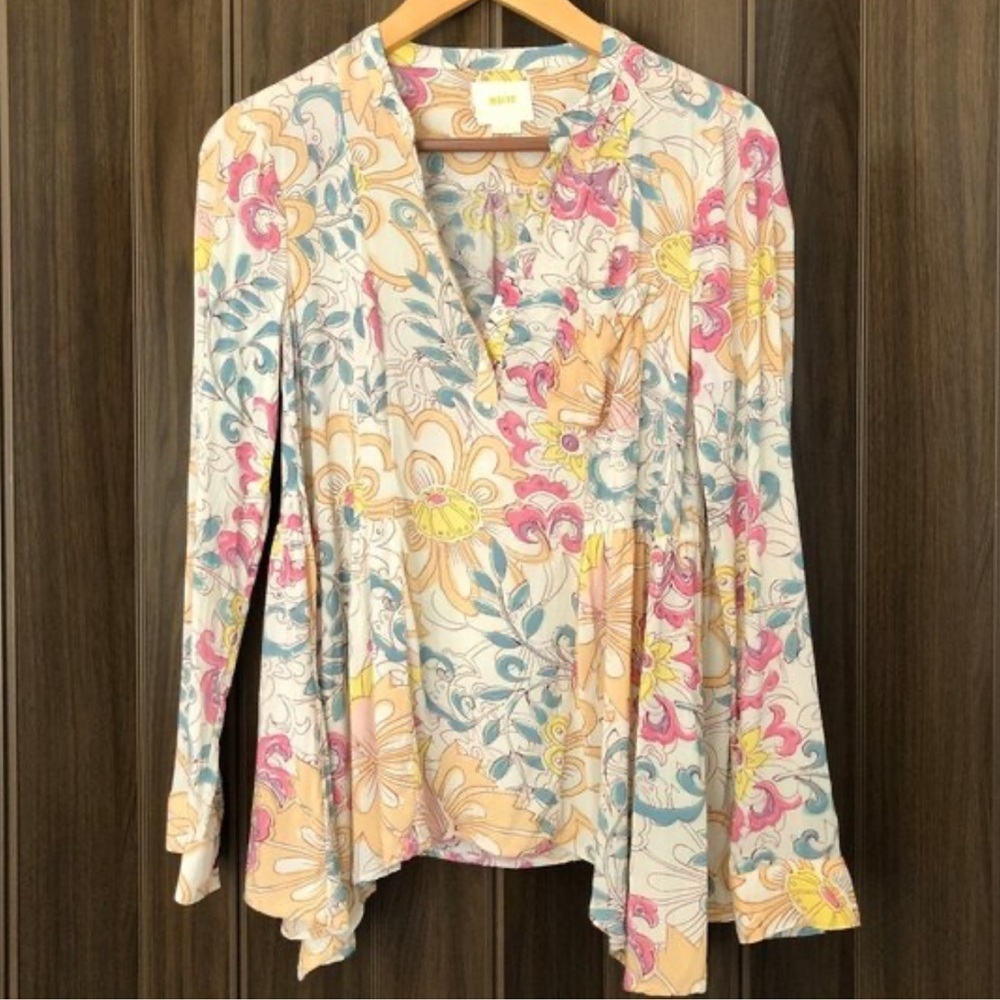 Anthropologie Maeve Button Down Floral Print Long Sleeve Asymmetric Top Size 4